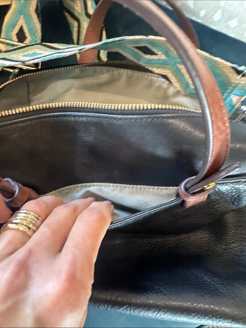 Black Leather Satchel with Detachable Patterned Strap